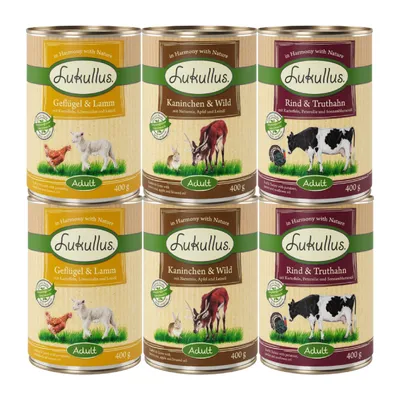 Lukullus Adult mokra hrana, vrste: perutnina in jagnjetina, zajec in divjačina, govedina in puran, vsaka 400g pločevinka. Vidne sestavine: krompir, jabolko, laneno olje.