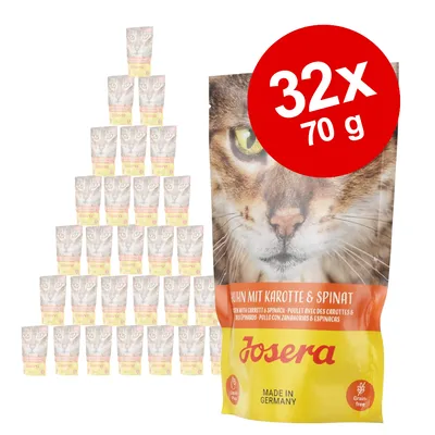 Josera Huhn mit Karotte & Spinat, 32 x 70 g vrečk. Na embalaži slika mačjega obraza, napis 'Grain free', 'Made in Germany'. Velik rdeč krog z napisom 32x 70 g. Josera Huhn mit Karotte & Spinat, 32 x 70 g vrečk. Na embalaži slika mačjega obraza, napis 'Grain free', 'Made in Germany'. Velik rdeč krog z napisom 32x 70 g.