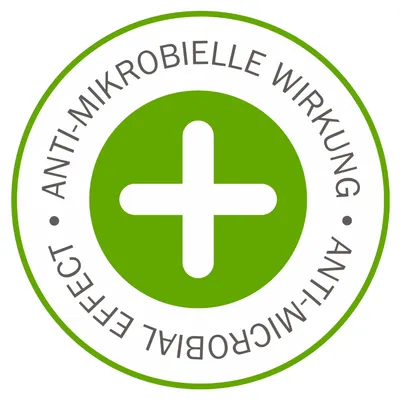 Antimikrobiális hatás. Zöld plusz szimbólum körben lévő szöveggel: Anti-Microbial Effect.