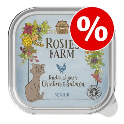 Rosie's Farm Tender Dinner Chicken & Salmon SENIOR, Grain Free Recipe. Rødt procenttegn øverst til højre på emballagen.