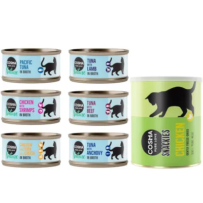 Kombi-Paket: Cosma Nature 24 x 70 g + 2 x Snackies Maxi Tube - 24 x Mix 2 (6 Sorten) + 2 x 160 g Snackies Hühnchen