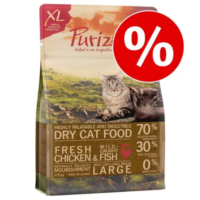 Purizon XL Dry Cat Food, 2,5 kg, voor grote kattenrassen. 70% geselecteerde dierlijke ingrediënten, 30% fruit/groenten/kruiden, 0% toegevoegde granen. Actiepercentage zichtbaar. Purizon XL Dry Cat Food, 2,5 kg, voor grote kattenrassen. 70% geselecteerde dierlijke ingrediënten, 30% fruit/groenten/kruiden, 0% toegevoegde granen. Actiepercentage zichtbaar.