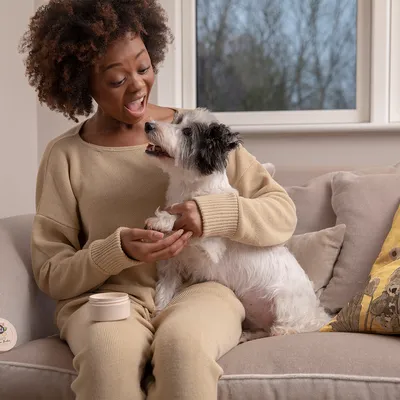 Hund sitzt auf einem Sofa neben einer Person, mit einer Dose Pflegeprodukt auf dem Schoss.