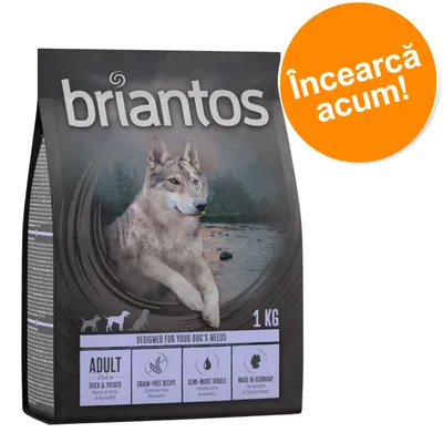 briantos, 1 kg, ADULT, DUCK & POTATO, GRAIN-FREE RECIPE, SEMI-MOIST KIBBLE, MADE IN GERMANY. Etichetă portocalie: Încearcă acum! briantos, 1 kg, ADULT, DUCK & POTATO, GRAIN-FREE RECIPE, SEMI-MOIST KIBBLE, MADE IN GERMANY. Etichetă portocalie: Încearcă acum!