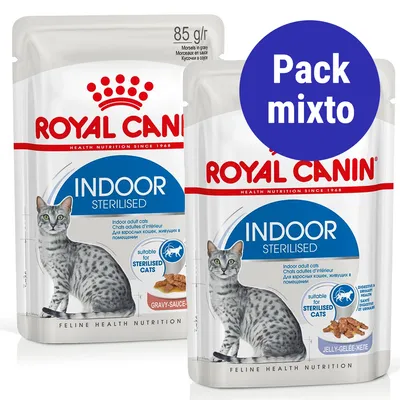 Royal Canin Indoor Sterilised para gatos esterilizados, sobres de 85 g en salsa y gelatina. Texto visible: Pack mixto.