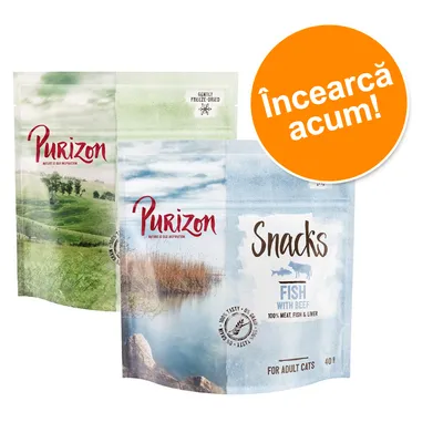 Purizon Snacks Fish with Beef, 100% meat, fish & liver, pentru pisici adulte, 40g. Text promoțional: Încearcă acum!