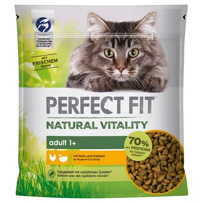 Perfect Fit Natural Vitality adult 1+ mit frischem Huhn und Truthahn, 70% tierisches Protein, hergestellt mit natürlichen Zutaten. Entwickelt von Tierärzten des Pet Nutrition Centre.