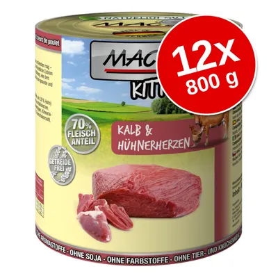 Conservă MAC's cu text vizibil: 12x 800 g, 70% Fleisch Anteil, Getreidefrei, Kalb & Hühnerherzen. Imagine carne de vițel și inimi de pui pe etichetă. Conservă MAC's cu text vizibil: 12x 800 g, 70% Fleisch Anteil, Getreidefrei, Kalb & Hühnerherzen. Imagine carne de vițel și inimi de pui pe etichetă.