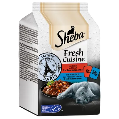 Sheba Fresh Cuisine, Taste of Paris, med oksekød à la Bourguignonne og hvidfisk à la Bouillabaisse, 6x50g. MSC-certificerede bæredygtige fisk og skaldyr.