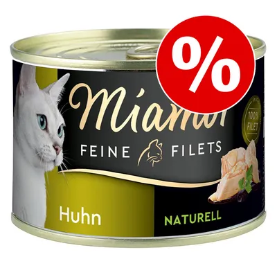 Conservă Miamor Feine Filets Huhn Naturell, imagine cu pisică albă și file de carne, etichetă promoțională cu simbol procentual roșu. Text vizibil: 100% FILET.