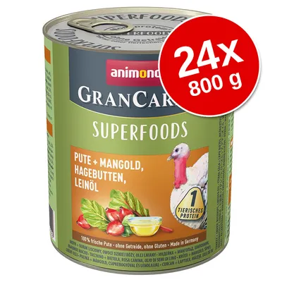 Conservă Animonda GranCarno Superfoods, Pute + Mangold, Hagebutten, Leinöl, 24x800 g. Etichetă cu curcan și legume vizibile, text: 1 tierisches protein. Conservă Animonda GranCarno Superfoods, Pute + Mangold, Hagebutten, Leinöl, 24x800 g. Etichetă cu curcan și legume vizibile, text: 1 tierisches protein.