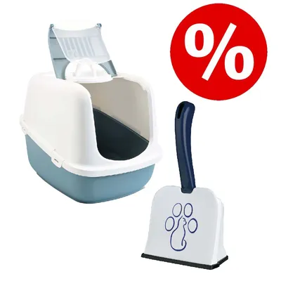 Abgedeckte Katzentoilette mit Schaufel und Halter, daneben rotes Prozentzeichen für Rabattaktion.