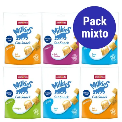 Pack mixto de snacks para gatos animonda Milkies: Harmony Anti-Hairball, Wellness mit Biotin + Vitaminen, Balance mit Omega-3, Fresh Dental Care. Seis bolsas visibles.