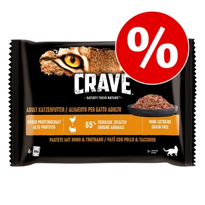 Pachet Crave hrană umedă pentru pisici adulte, 65% ingrediente de origine animală, fără cereale, cu pui și curcan. Simbol promoțional procent roșu în colțul dreapta sus.