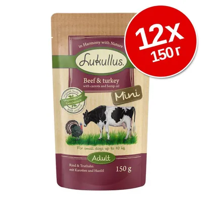 Lukullus Beef & turkey Mini Adult, 12×150 г. Опаковка с изображение на крава и пуйка, текст: For small dogs up to 10 kg, with carrots and hemp oil.