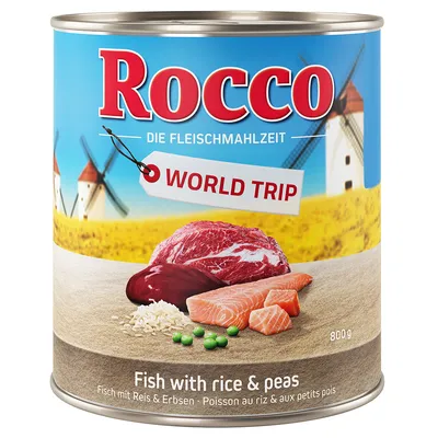 Conservă Rocco World Trip 800 g, carne, pește, orez și mazăre vizibile pe ambalaj. Text: Fish with rice & peas. Fundal cu mori de vânt.