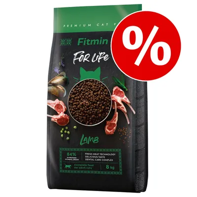 Fitmin For Life Lamb, hrană uscată pentru pisici adulte, 8 kg. 84% proteine de origine animală. Simbol promoțional procent roșu pe ambalaj.