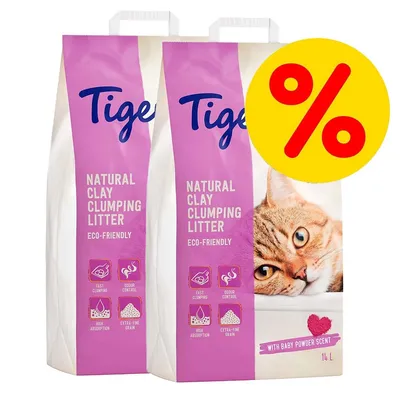 Oferta de dos sacos de Tigerino Natural Clay Clumping Litter, eco-friendly, 14 L, con aroma a talco para bebé. Texto visible en inglés y símbolo de porcentaje en amarillo y rojo. Oferta de dos sacos de Tigerino Natural Clay Clumping Litter, eco-friendly, 14 L, con aroma a talco para bebé. Texto visible en inglés y símbolo de porcentaje en amarillo y rojo.