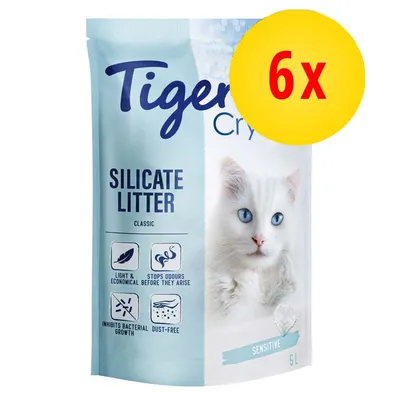 Tigerino Crystals Silicate Litter Classic, Sensitive, 5L. Pakke med 6x. Tekst: Light & economical, stops odours before they arise, inhibits bacterial growth, dust-free.