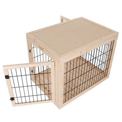 Cage rectangulaire en bois clair avec parois et porte en métal noir, porte ouverte sur le côté, fond et dessus en bois, poignées découpées visibles.