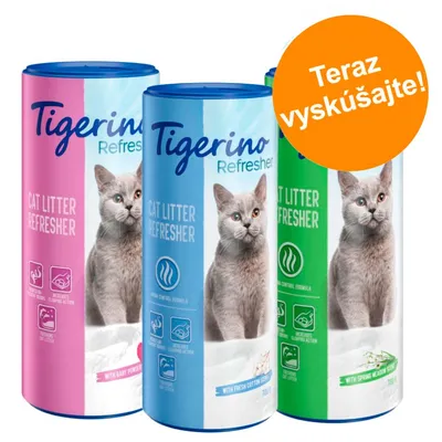 Tigerino Refresher Cat Litter Refresher, tri balenia s rôznymi vôňami, text: Teraz vyskúšajte! Viditeľné ikony účinku a objem 700 g na obale.