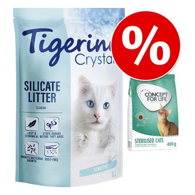 Tigerino Crystals Silicate Litter Sensitive 5 l macskaalom és Concept for Life Sterilised Cats 400 g macskaeledel csomag, piros százalékos akciójelzéssel