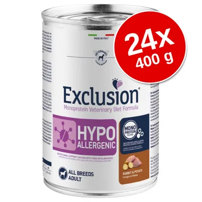 Conservă Exclusion Monoprotein Veterinary Diet Formula Hypoallergenic, iepure & cartof, 24x400 g. Text vizibil: ALL BREEDS ADULT, MONO PROTEIN, MADE IN ITALY.