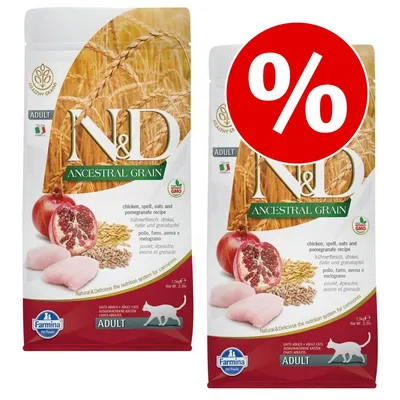 Промо пакет Farmina N&D Ancestral Grain Adult за котки, видими две опаковки с надпис 'ADULT', 'chicken, spelt, oats and pomegranate recipe' и голям червен символ за отстъпка %.