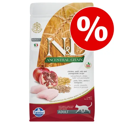 Hrană uscată pentru pisici Farmina N&D Ancestral Grain Adult, pui, spelt, ovăz și rodie, 1,5 kg. Simbol promoțional procent roșu pe ambalaj.