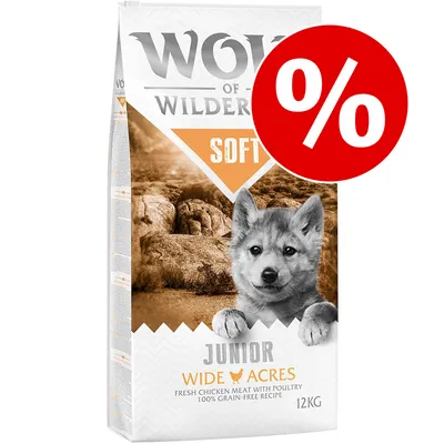 Pachet hrană uscată Wolf of Wilderness Soft Junior Wide Acres, 12 kg, cu carne proaspătă de pui, rețetă fără cereale. Simbol promoțional procent roșu în colțul dreapta sus. Pachet hrană uscată Wolf of Wilderness Soft Junior Wide Acres, 12 kg, cu carne proaspătă de pui, rețetă fără cereale. Simbol promoțional procent roșu în colțul dreapta sus.