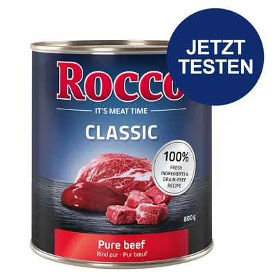 Rocco Classic Pure Beef, 800g Dose. 100% frische Zutaten, getreidefreie Rezeptur. Jetzt testen.
