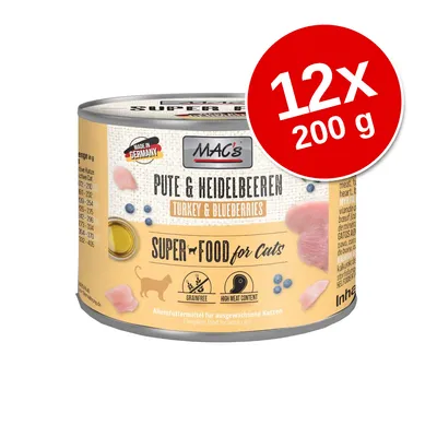 MAC's Pute & Heidelbeeren Turkey & Blueberries, Super Food for Cats, 12x200 g. Fără cereale, conținut ridicat de carne. Produs în Germania. Conservă pentru pisici adulte.