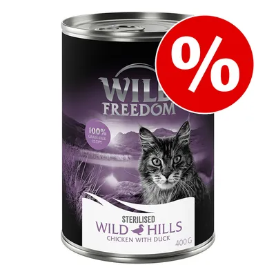 Conservă Wild Freedom Sterilised Wild Hills Chicken with Duck 400 g, etichetă cu pisică și text 100% grain-free recipe, simbol promoțional procent roșu.