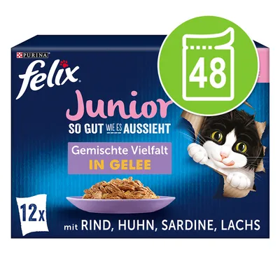 Purina Felix Junior Gemischte Vielfalt in Gelee, 12x Portionen mit Rind, Huhn, Sardine, Lachs. Verpackung zeigt Katze und grüne Markierung für 48 Portionen.