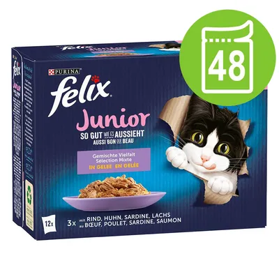 Συσκευασία Purina Felix Junior με 48 φακελάκια. Ορατό κείμενο: Gemischte Vielfalt, In Gelee, 3x mit Rind, Huhn, Sardine, Lachs. Εικόνα γάτας και πιάτο με τροφή.