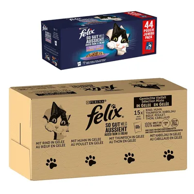 44 x 85 g gratis! 120 x 85 g/120 x 80 g Pachet Jumbo Felix + 44 x 85 g hrană umedă pentru pisici - 120x85 g Varietate mixtă (vită, pui, cod și ton) + 44x85 g Pui, vită, ton, somon