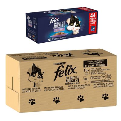Felix 120 x 85 g comida húmida + Felix 44 x 85 g saquetas grátis! Fantastic - Variedade mista (vaca, frango, bacalhau e atum) + 44 x 85 g saquetas