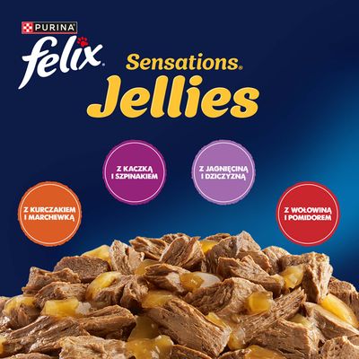 Purina Felix Sensations Jellies z wariantami: kaczka i szpinak, jagnięcina i dziczyzna, kurczak i marchew, wołowina i pomidor. Widoczne kawałki mięsa w galaretce.