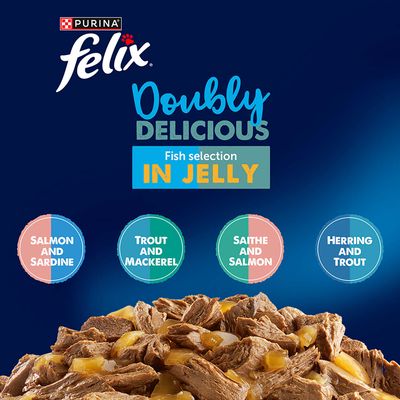 Purina Felix Doubly Delicious Halválogatás aszpikban: Lazac & szardínia, pisztráng & makréla, tőkehal & lazac, hering & pisztráng.