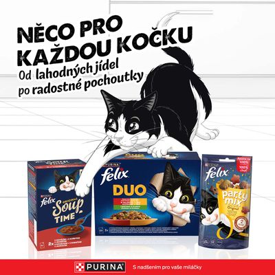 Purina Felix krmivo pre mačky: Soup Time, Duo a Party Mix. Text: 'Niečo pre každú mačku, od lahodných jedál po radostné pochúťky.'