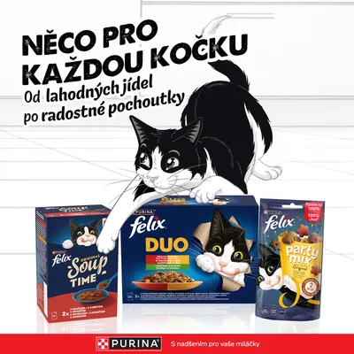 Purina Felix krmivo pre mačky: Soup Time, Duo a Party Mix. Text: 'Niečo pre každú mačku, od lahodných jedál po radostné pochúťky.'