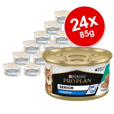 Purina Pro Plan Senior cibo per gatti, 24x85g lattine, ricetta Longevis, progettato per essere riciclabile. Purina Pro Plan Senior cibo per gatti, 24x85g lattine, ricetta Longevis, progettato per essere riciclabile.
