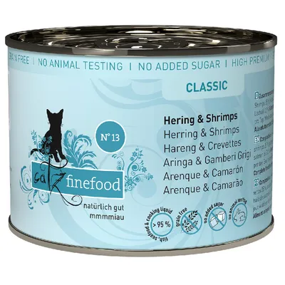 Catz Finefood Classic Nr. 13, Hering & Shrimps, natürlich gut, ohne Zuckerzusatz, keine Tierversuche, getreidefrei, über 95% Fischanteil und Kochflüssigkeit.
