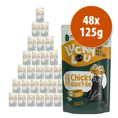 Confezione multipla Lucky Lou Chicks don't lie, 48 buste da 125 g ciascuna. Testo visibile: 'Grain free', 'No added sugar', 'MEAT! 94%', 'Made in Germany!'. Immagine di un gatto nero.