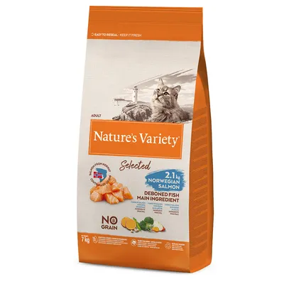 Nature's Variety Selected Adult kattenvoer, hoofdingrediënt ontgrate Noorse zalm, 2,1 kg, graanvrij, met groenten en fruit, verpakkingsgrootte 7 kg. Nature's Variety Selected Adult kattenvoer, hoofdingrediënt ontgrate Noorse zalm, 2,1 kg, graanvrij, met groenten en fruit, verpakkingsgrootte 7 kg.