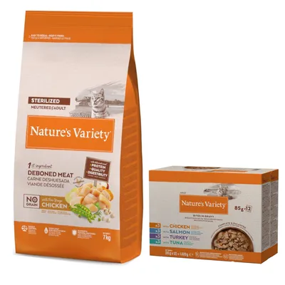 7 кг Nature's Variety + Nature's Variety Bites Mix (4 сорта) в соусе 12 x 85 г в подарок!