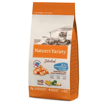 Nature's Variety Selected sterilizált/neutered felnőtt macskaeledel, fő összetevő: filézett norvég lazac, 2,1 kg, gabonamentes, 7 kg csomag.
