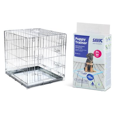 Cage en métal pour chien et paquet de Puppy Trainer, avec pastille rouge indiquant 'Prix mini'.