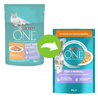 Purina ONE Coat and Hairball våtfoder för katt, 85 g. Bild visar gammal och ny förpackning med synliga produktnamn och text på engelska och tyska.