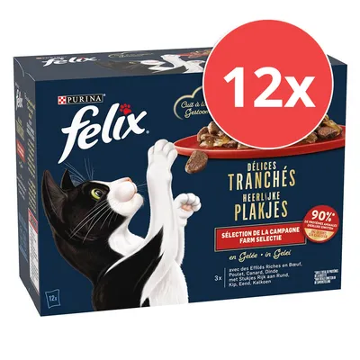 Purina Felix Délices Tranchés, 12x Portionen in Gelee. Auswahl an Rind, Huhn, Ente und Truthahn. 90% tierische Proteine. Farm Selektion.